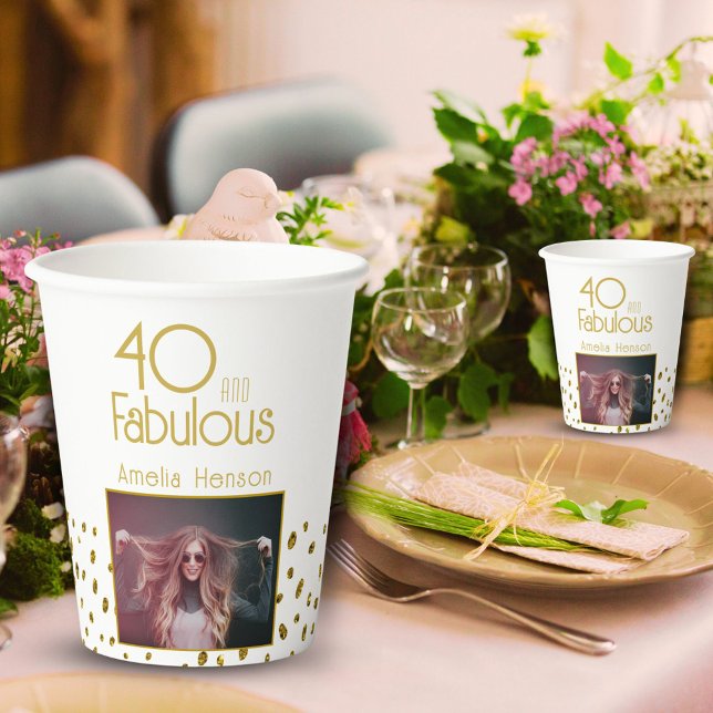 Vasos De Papel 40 y Fabulous Gold Purpurina Photo 40th Birthday (Subido por el creador)