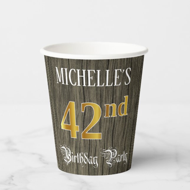 Vasos De Papel 42nd Birthday Party — Faux Gold & Faux Wood Looks (Anverso)
