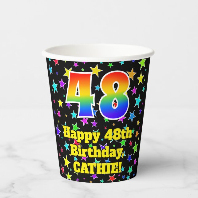 Vasos De Papel 48th Birthday: Fun Stars Pattern and Rainbow 48 (Anverso)