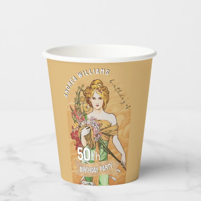 Vasos De Papel 50.ª fiesta de cumpleaños, diosa de primavera, art (Anverso)