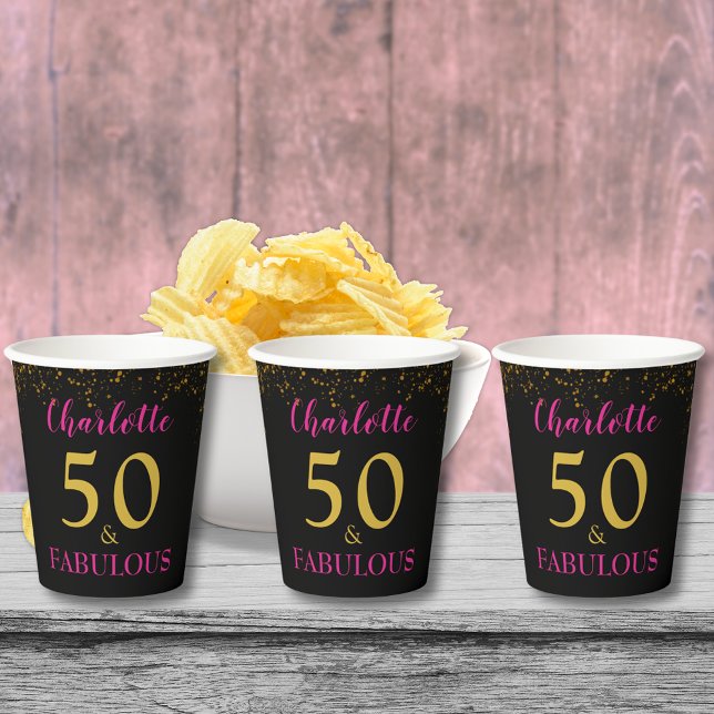 Vasos De Papel 50.ª fiesta de cumpleaños: Oro rosado negro person (Stylish 50 & fabulous pink black and gold 50th birthday party custom name paper cups)
