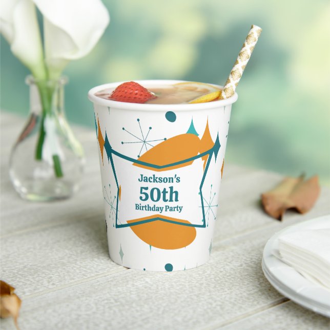 Vasos De Papel 50.ª Fiesta de Cumpleaños Retro Mid Century Cualqu (in situ)