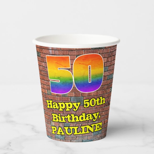Vasos De Papel 50.º cumpleaños: Arcoiris 50 inspirado en graffiti (Anverso)