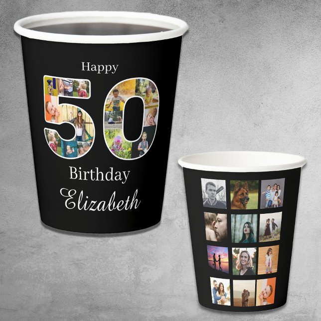 Vasos De Papel 50.º Cumpleaños Crea tu propia foto múltiple (50th birthday photo template paper cups.)