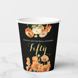 Vasos De Papel 50.º cumpleaños Fiesta floral Naranja elegante neg