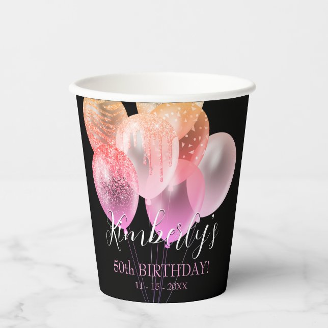 Vasos De Papel 50.º cumpleaños, globos Purpurinas rosados fecha d (Anverso)