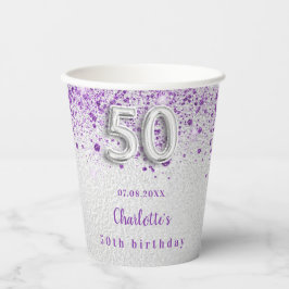 Vasos De Papel 50.º fiesta de nombre purpurina morado de plata