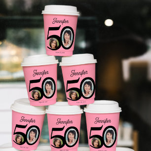 Vasos De Papel 50.º nombre de foto de cumpleaños rosa personaliza