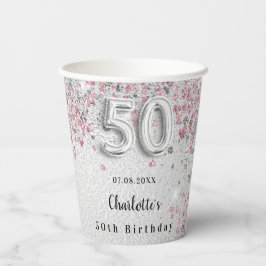 Vasos De Papel 50.º nombre de purpurina rosa plateado de cumpleañ