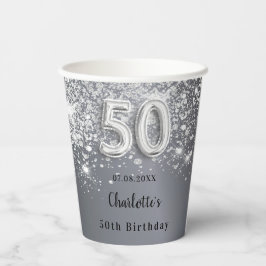 Vasos De Papel 50.º purpurina de plata de cumpleaños