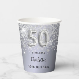 Vasos De Papel 50.º purpurina de plata de cumpleaños
