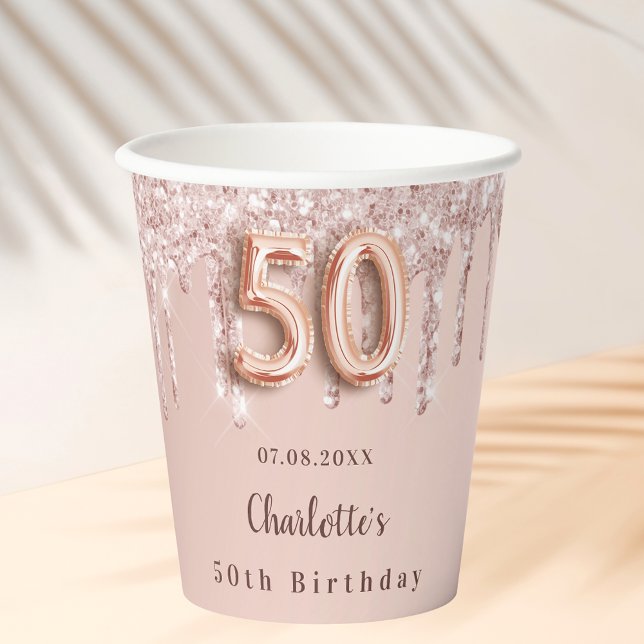 Vasos De Papel 50 años rosa purpurina oro gotea monograma (Subido por el creador)