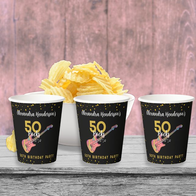 Vasos De Papel 50 Rocks 50 cumpleaños partido Oro negro rosado (50 Rocks cool pink black and gold glitter 50th birthday party personalized paper cups)