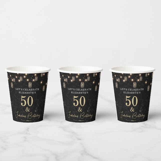 Vasos De Papel 50 y fabulosas luces de oro de mármol negro Mason  (Multi)