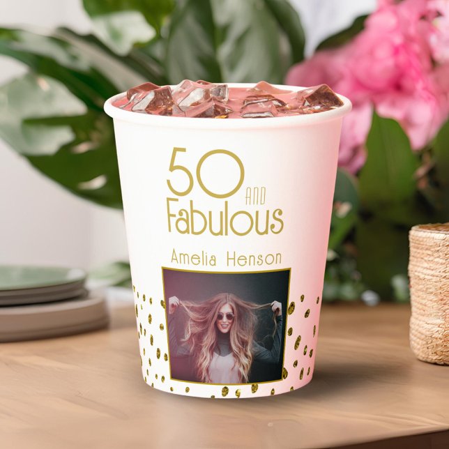 Vasos De Papel 50 y Fabulous Gold Purpurina Photo 50th Birthday (Subido por el creador)