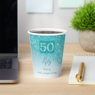 Vasos De Papel 50th Birthday Party Gleaming Teal Blue Glitter