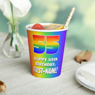 Vasos De Papel 55º cumpleaños: Patrón arcoiris colorido y dive