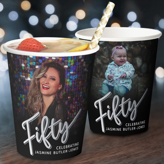 Vasos De Papel 550.º guión fotográfico de cumpleaños plata negra (Subido por el creador)