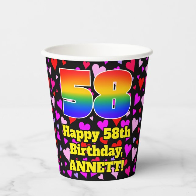 Vasos De Papel 58th Birthday: Loving Hearts Pattern, Rainbow 58 (Anverso)