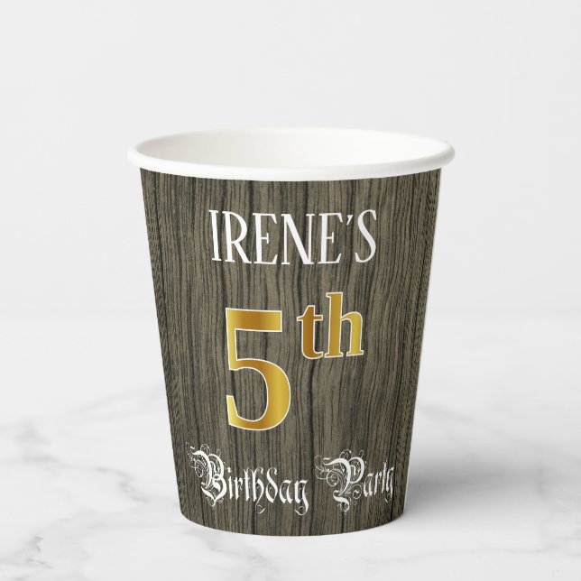 Vasos De Papel 5.ª Fiesta de Cumpleaños — Faux Gold y Faux Wood L (Reverso )