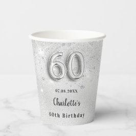 Vasos De Papel 60.º purpurina de plata de cumpleaños