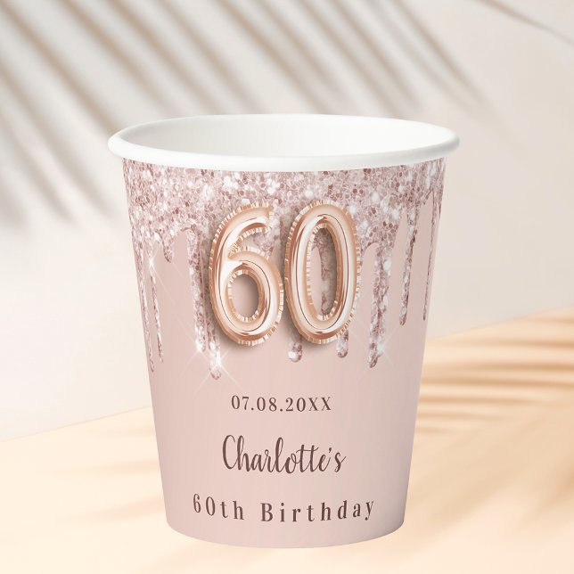 Vasos De Papel 60 años rosa purpurina oro gotea monograma (Subido por el creador)