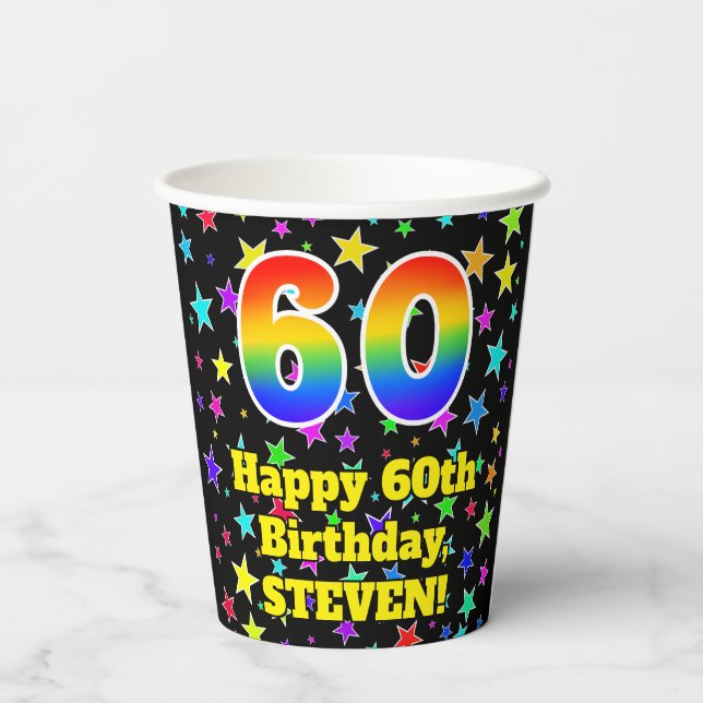 Vasos De Papel 60° cumpleaños: Patrón de estrellas divertidas y a (Reverso )