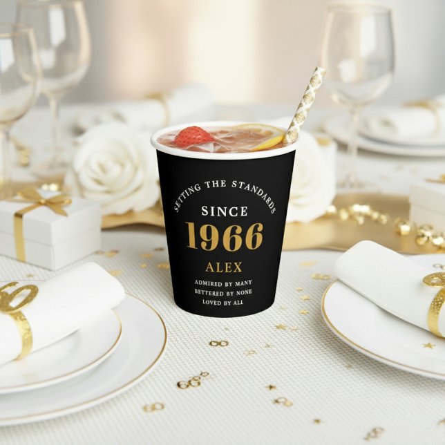 Vasos De Papel 60th Birthday Name 1966 Black Gold Elegant Chic (1966 paper cup. White and gold background.)