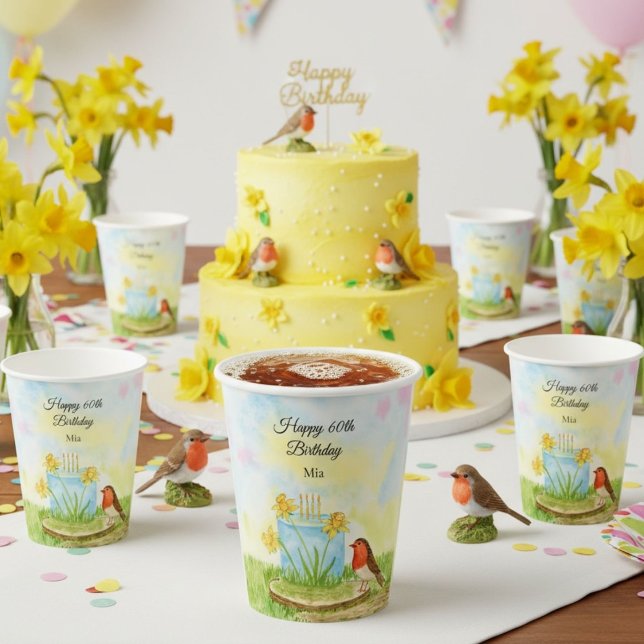 Vasos De Papel 60th Birthday Robin with Daffodil Cake (Subido por el creador)