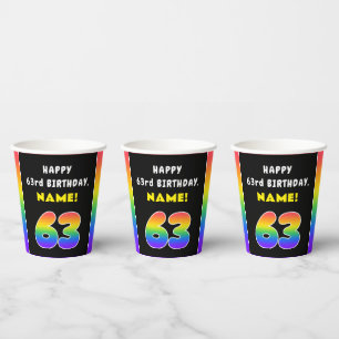 Vasos De Papel 63° cumpleaños: arcoiris colorido # 63, nombre per