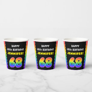 Vasos De Papel 68º cumpleaños: arcoiris colorido # 68, nombre per