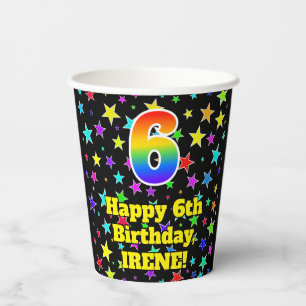 Vasos De Papel 6.º cumpleaños: Patrón de estrellas divertidas y a