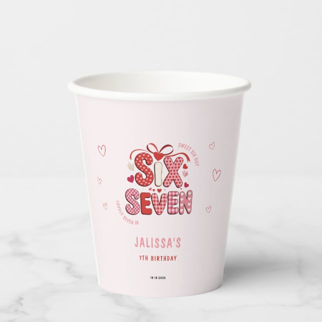 Vasos De Papel 6 7 Birthday for Girls, Pink 7th Kids Party  (Anverso)