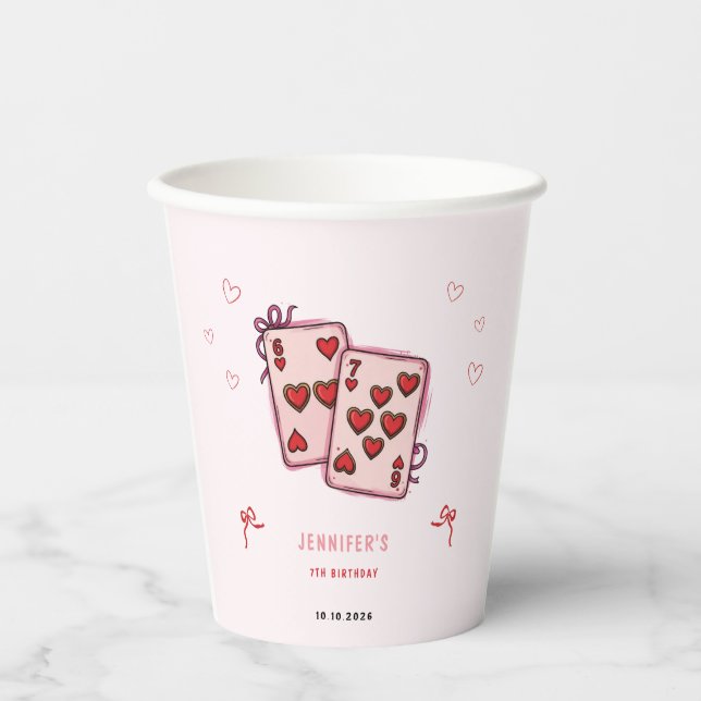 Vasos De Papel 6 7 Birthday for Girls, Pink Six Seven Kids Party  (Anverso)