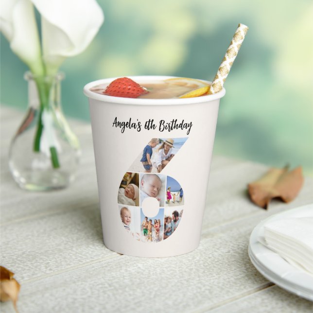 Vasos De Papel 6th Birthday Photo Collage Number 6 Paper Cups (in situ)