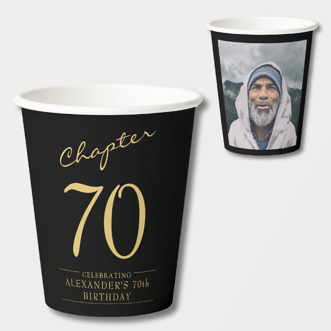 Vasos De Papel 70.ª foto de oro negro (Chapter 70 personalized 70th birthday black and gold paper cups personalized with name and  photo.)