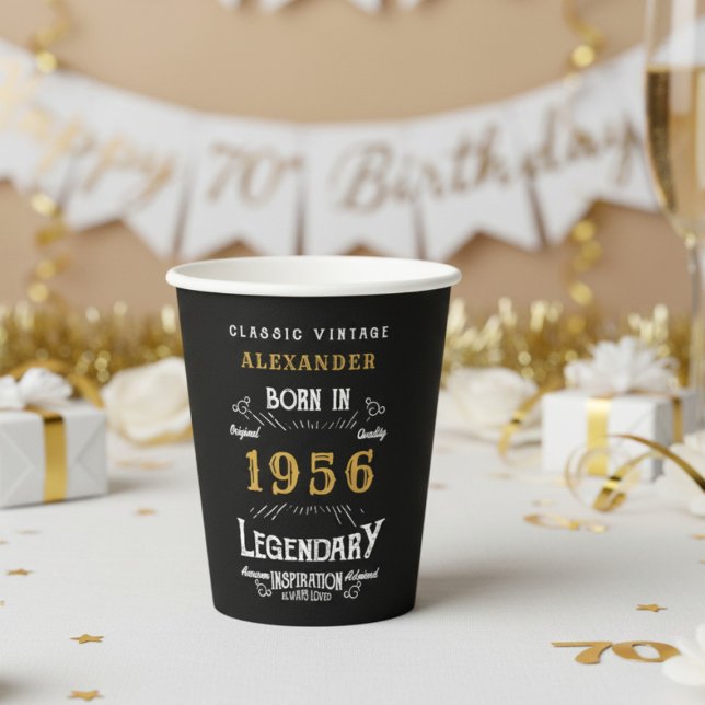 Vasos De Papel 70 cumpleaños 1956 Legendario Retro (1956 birthday black paper cup with white and gold background.)