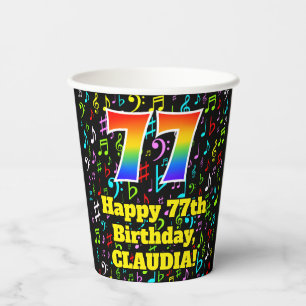 Vasos De Papel 77º cumpleaños: Patrón de notas de música divertid