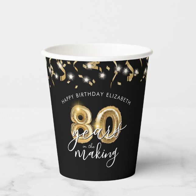 Vasos De Papel 80.º cumpleaños Balón con guión de oro negro (Anverso)