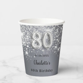 Vasos De Papel 80.º nombre de monograma del purpurina de plata
