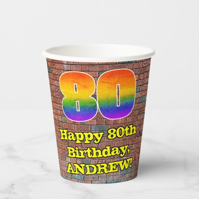 Vasos De Papel 80 cumpleaños: Divertido 80 de arcoíris inspirado  (Anverso)