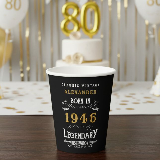 Vasos De Papel 80th Birthday 1946 Legendary Retro (1946 birthday black paper cup on a table.)