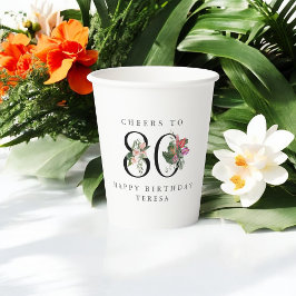 Vasos De Papel 80th Birthday Cheers with Name Tropical Floral