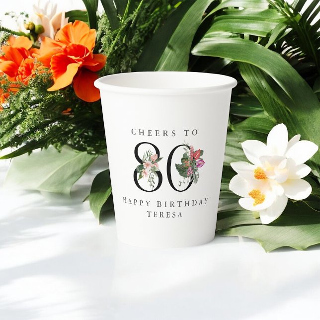Vasos De Papel 80th Birthday Cheers with Name Tropical Floral (Subido por el creador)
