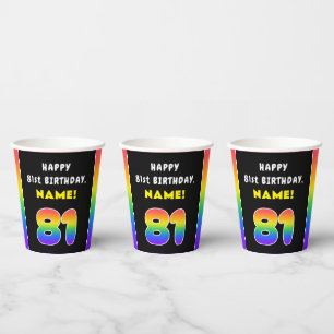 Vasos De Papel 81º cumpleaños: arcoiris colorido # 81, nombre per