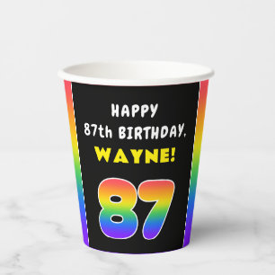 Vasos De Papel 87 cumpleaños: arcoiris colorido # 87, nombre pers