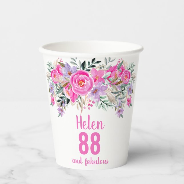 Vasos De Papel 88.º cumpleaños tazas de papel floral rosa (Anverso)