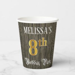 Vasos De Papel 8.ª Fiesta de Cumpleaños — Faux Gold y Faux Wood L