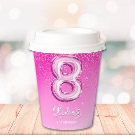 Vasos De Papel 8th Birthday Girl with Pink Number Balloon