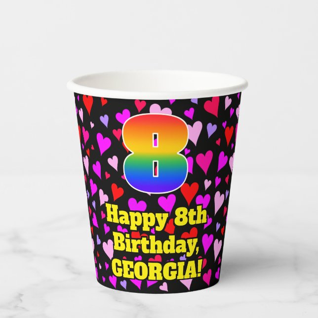 Vasos De Papel 8th Birthday: Loving Hearts Pattern, Rainbow 8 (Anverso)